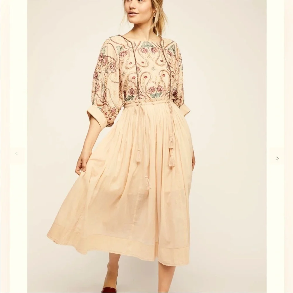 Free People Paisley Embroidered Midi Dress in Cream and Pink